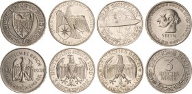 Weimarer Republik
Lot-4 Stück 3 Reichsmark - 1926 Lübeck, 1929 Waldeck, 1930 G Zeppelin und 1931 Stein Sehr schön-vorzüglich
