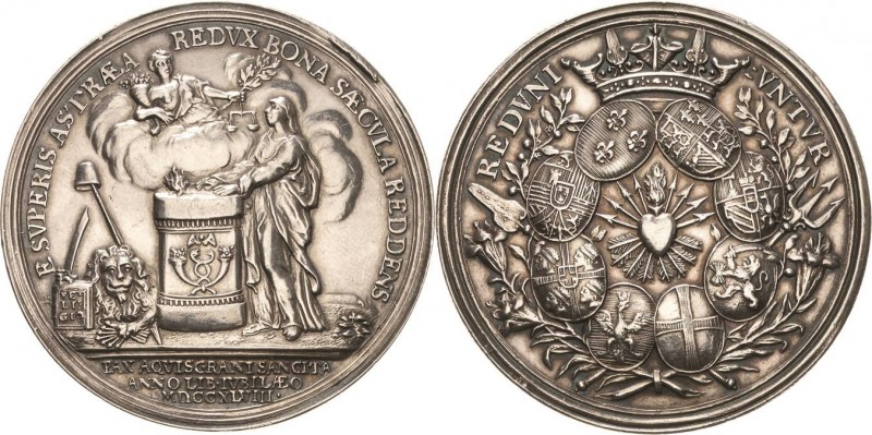 Aachen
 Silbermedaille 1748 (unsigniert, Holtzhey) Auf den Frieden zu Aachen zw...