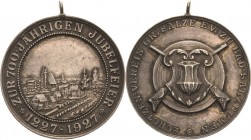 Anhalt-Orte
Schönebeck Silbermedaille 1927. 700 Jahre Schützenverein Bad Salzelmen. Stadtansicht / Schützenembleme. Mit Randpunze: SILBER 990. 39,8 m...