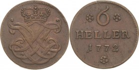 Hessen-Kassel
Friedrich II. 1760-1785 6 Heller 1772, Kassel Schütz 1916 Hoffmeister 2431 Sehr schön-vorzüglich