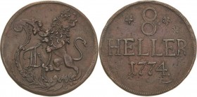 Hessen-Kassel
Friedrich II. 1760-1785 8 Heller 1774, Kassel Schustertaler Schütz 1927 Hoffmeister 2444 Revers leichter Doppelschlag, fast vorzüglich/...