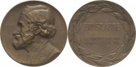 Jena
 Bronzemedaille 1919 (A. Lehnert) 80. Geburtstag von Ernst Abbe. Brustbild nach links / 3 Zeilen im Lorbeerkranz. 60 mm, 97,09 g Coch 43-19 Vorz...