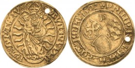 Pfalz-Kurlinie
Philipp der Aufrichtige 1476-1508 Goldgulden 1502, Neumarkt Madonna mit Kind in Flammenglorie auf Mondsichel / Unter der Initiale P di...