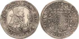 Sachsen-Kurlinie ab 1547 (Albertiner)
Johann Georg I. (1611-) 1615-1656 Taler 1622, Schwan-Dresden Die linke Hand weist aufwärts zum Helm C/K 157 Sch...
