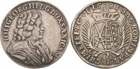 Sachsen-Kurlinie ab 1547 (Albertiner)
Johann Georg III. 1680-1691 2/3 Taler 1683, CF-Dresden C/K 588 Davenport 808 Kohl 280 Sehr schön+