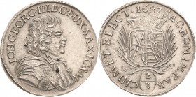 Sachsen-Kurlinie ab 1547 (Albertiner)
Johann Georg III. 1680-1691 2/3 Taler 1687, o.Mzz.-Dresden C/K 589 Davenport 808 A Kohl 281 Kl. Schrötlingsfehl...