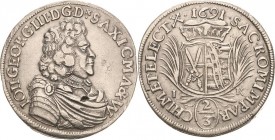 Sachsen-Kurlinie ab 1547 (Albertiner)
Johann Georg III. 1680-1691 2/3 Taler 1691, IK-Dresden In der Avers-Umschrift Dx und die Titel von Engern und W...