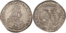 Sachsen-Kurlinie ab 1547 (Albertiner)
Johann Georg IV. 1691-1694 2/3 Taler 1693, o. Mzz.-Leipzig C/K 664 Davenport 814 A Kohl 321 Seltenes und attrak...