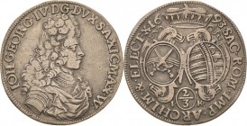 Sachsen-Kurlinie ab 1547 (Albertiner)
Johann Georg IV. 1691-1694 2/3 Taler 1693, IK-Dresden C/K 663 Kohl 319 Davenport 813 Sehr schön