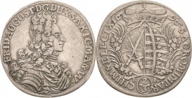 Sachsen-Kurlinie ab 1547 (Albertiner)
Friedrich August I., der Starke 1694-1733 2/3 Taler 1696, IK-Dresden Der Kurschild ist im oberen Feld damaszier...