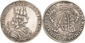 Sachsen-Kurlinie ab 1547 (Albertiner)
Friedrich August I., der Starke 1694-1733 2/3 Taler 1697, IK-Dresden Der Kurschild ist im oberen Feld damaszier...