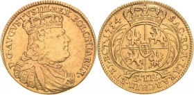 Sachsen-Kurlinie ab 1547 (Albertiner)
Friedrich August II. 1733-1763 5 Taler (August d'or) 1754, EC-Leipzig Kahnt 669 Friedberg 2859 Slg. Merseburger...