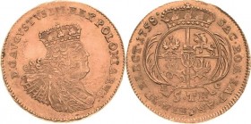 Sachsen-Kurlinie ab 1547 (Albertiner)
Friedrich August II. 1733-1763 5 Taler (Neuer August d'or) 1758, EC-Leipzig Geringhaltige Kriegsprägung für Pol...