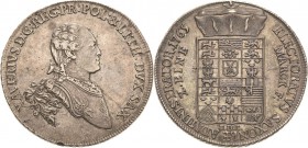 Sachsen-Kurlinie ab 1547 (Albertiner)
Xaver 1763-1768 Taler 1765, EDC-Dresden Kahnt 1021 Buck 56 Schnee 1055 Davenport 2678 Kl. Randfehler, fast vorz...