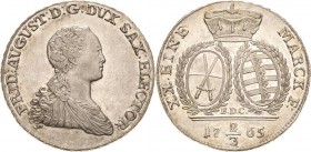 Sachsen-Kurlinie ab 1547 (Albertiner)
Friedrich August III. 1763-1806 2/3 Taler 1765, EDC-Dresden Kahnt 1102 Buck 124 Prachtexemplar. Stempelglanz