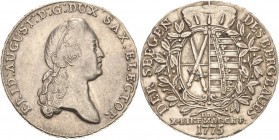 Sachsen-Kurlinie ab 1547 (Albertiner)
Friedrich August III. 1763-1806 Taler 1775, EDC-Dresden Ausbeute Kahnt 1075 Buck 142 Schnee 1074 Müseler 56.1.4...