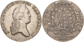 Sachsen-Kurlinie ab 1547 (Albertiner)
Friedrich August III. 1763-1806 Taler 1777, EDC-Dresden Kahnt 1074 Buck 141 e Schnee 1073 Davenport 2690 Sehr s...