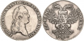 Sachsen-Kurlinie ab 1547 (Albertiner)
Friedrich August III. 1763-1806 2/3 Taler 1790, IEC-Dresden Vikariat Kahnt 1155 Buck 173 Vorzüglich