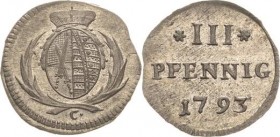 Sachsen-Kurlinie ab 1547 (Albertiner)
Friedrich August III. 1763-1806 3 Pfennig 1793, C-Dresden Letzter Silberdreier Kahnt 1137 Buck 187 Prachtexempl...