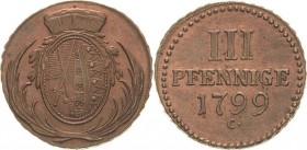 Sachsen-Kurlinie ab 1547 (Albertiner)
Friedrich August III. 1763-1806 3 Pfennig 1799, C-Dresden Kahnt 1139 Buck 204 Prachtvolles Exemplar. Prägefrisc...