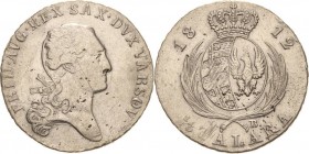 Sachsen-Kurlinie ab 1547 (Albertiner)
Friedrich August I. 1806-1827 1/3 Taler 1812, IB-Warschau Für Polen Kahnt 1269 AKS 195 Jaeger 206 Kopicki 3697 ...