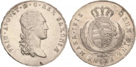 Sachsen-Kurlinie ab 1547 (Albertiner)
Friedrich August I. 1806-1827 Taler 1813, SGH-Dresden Napoleonrand Kahnt 1204 Kahnt 416 AKS 12 Jaeger 12 Davenp...