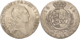 Sachsen-Kurlinie ab 1547 (Albertiner)
Friedrich August I. 1806-1827 1/3 Taler 1814, IB-Warschau Für Polen Kahnt 1269 AKS 195 Jaeger 206 Kopicki 3699 ...