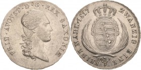 Sachsen-Kurlinie ab 1547 (Albertiner)
Friedrich August I. 1806-1827 2/3 Taler 1817, IGS-Dresden Kahnt 1229 Kahnt 413 AKS 32 Jaeger 21 Vorzüglich