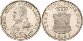 Sachsen-Kurlinie ab 1547 (Albertiner)
Friedrich August I. 1806-1827 Taler 1827, S-Dresden Kahnt 1223 Kahnt 427 AKS 30 Jaeger 41 Davenport 861 Sehr sc...