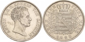 Sachsen-Kurlinie ab 1547 (Albertiner)
Anton 1827-1836 Taler 1828, S-Dresden Mohrenkopf AKS 64 Jaeger 54 Kahnt 433 Davenport 865 Fast vorzüglich/vorzü...