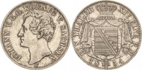 Sachsen-Kurlinie ab 1547 (Albertiner)
Johann 1854-1873 Taler 1854, F-Dresden AKS 128 Jaeger 97 Kahnt 458 Davenport 883 Sehr schön