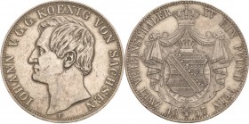 Sachsen-Kurlinie ab 1547 (Albertiner)
Johann 1854-1873 Doppeltaler 1857, F-Dresden AKS 126 Jaeger 109 Kahnt 475 b Davenport 889 Sehr schön
