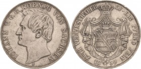 Sachsen-Kurlinie ab 1547 (Albertiner)
Johann 1854-1873 Doppeltaler 1859, F-Dresden AKS 126 Jaeger 109 Kahnt 475 b Davenport 889 Sehr schön+