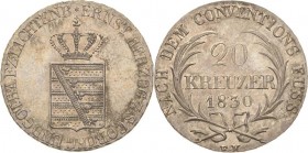 Sachsen-Coburg-Gotha
Ernst I. 1826-1844 20 Kreuzer 1830, EK-Gotha Revers-Umschrift endet FUSS AKS 76 Anm. Jaeger 249 Prachtvolles Exemplar mit feiner...