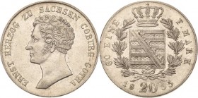 Sachsen-Coburg-Gotha
Ernst I. 1826-1844 20 Kreuzer 1835, Gotha AKS 78 Jaeger 261 Fast vorzüglich/vorzüglich-Stempelglanz