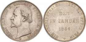 Sachsen-Coburg-Gotha
Ernst II. 1844-1893 Taler 1869, B-Dresden 25-jähriges Regierungsjubiläum AKS 117 Jaeger 298 Kahnt 497 Davenport 827 KOR 1214 Min...