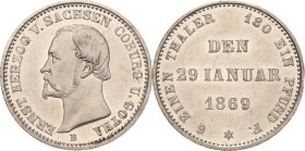 Sachsen-Coburg-Gotha
Ernst II. 1844-1893 1/6 Taler 1869, B-Dresden 25-jähriges Regierungsjubiläum AKS 118 Jaeger 297 Sehr selten in dieser Erhaltung....