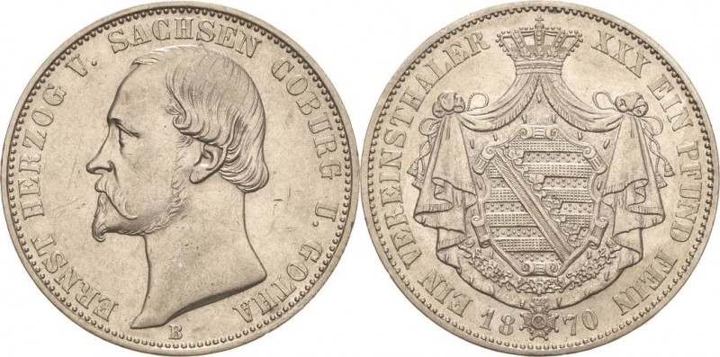 Sachsen-Coburg-Gotha
Ernst II. 1844-1893 Taler 1870, B-Dresden AKS 103 Jaeger 2...