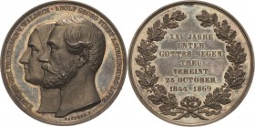 Schaumburg-Lippe
Adolf Georg 1860-1893 Silbermedaille 1869 (F. Brehmer) Silberhochzeit mit Hermine von Waldeck. Beider Köpfe nach links / 7 Zeilen Sc...