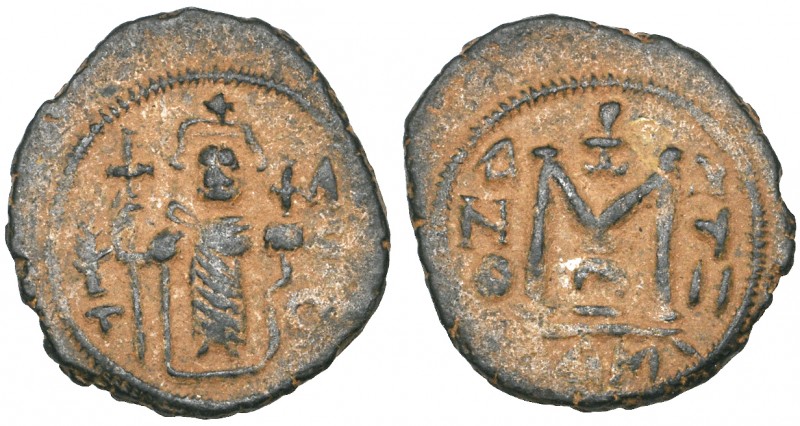 Arab-Byzantine, fals, Dimashq, emperor enthroned holding sceptre and globus cruc...