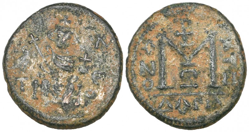 Arab-Byzantine, fals, Dimashq, emperor enthroned holding sceptre and globus cruc...