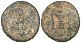 Arab-Byzantine, fals, Dimashq, emperor enthroned holding sceptre and globus cruciger, bird on T to left, ΛЄO to right, rev., large M with staurogram a...