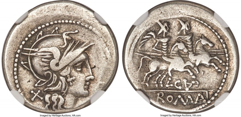 Anonymous (ca. 170-150 BC?). AR imitative denarius (19mm, 4.16 gm, 12h). NGC VF ...