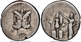 M. Furius L.f. Philus (ca. 121-119 BC). AR denarius (19mm, 3.79 gm, 11h). NGC Fine 4/5 - 4/5. Rome. M•FOVRI•L•F, laureate head of Janus / PHLI (PH lig...