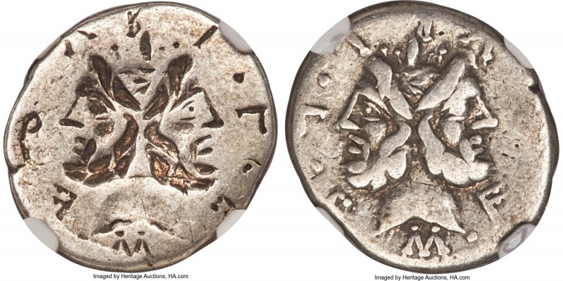 M. Furius L.f. Philus (ca. 121-119 BC). AR brockage denarius (19mm, 12h). NGC Ch...