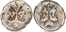 M. Furius L.f. Philus (ca. 121-119 BC). AR brockage denarius (19mm, 12h). NGC Choice Fine, brockage. Rome. M•FOVRI•L•F, laureate head of Janus / Incus...