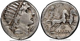 Man. Aquillius (ca. 109/8 BC). AR denarius (18mm, 3h). NGC Choice Fine. Rome. Radiate head of Sol right; X (mark of value) below chin / MN•AQVIL (MN l...