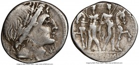 L. Memmius (ca. 109-108 BC). AR denarius (19mm, 7h). NGC Choice Fine, scratches. Rome. Young male head right, wearing oak-wreath; mark of value below ...