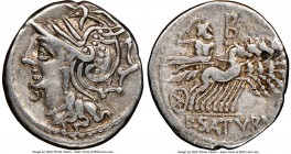 L. Appuleius Saturninus (ca. 104 BC). AR denarius (19mm, 6h). NGC VF, bankers marks, edge cut. Rome. Head of Roma left, wearing pendant earring, neckl...