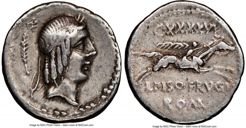 L. Calpurnius Piso Frugi (ca. 90 BC). AR denarius (18mm, 7h). NGC VF. Rome. Laur...
